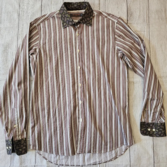 Etro Milano Shirt Men Size 39 Striped Button Down Paisley Collar Made In Italy - Picture 1 of 8